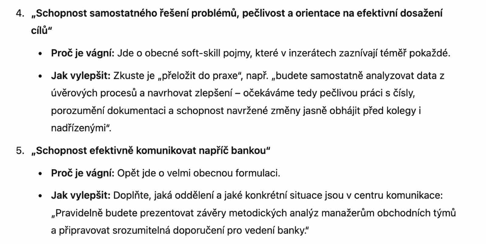 Příklad výstupu AI – identifikace vágních obratů v inzerátu