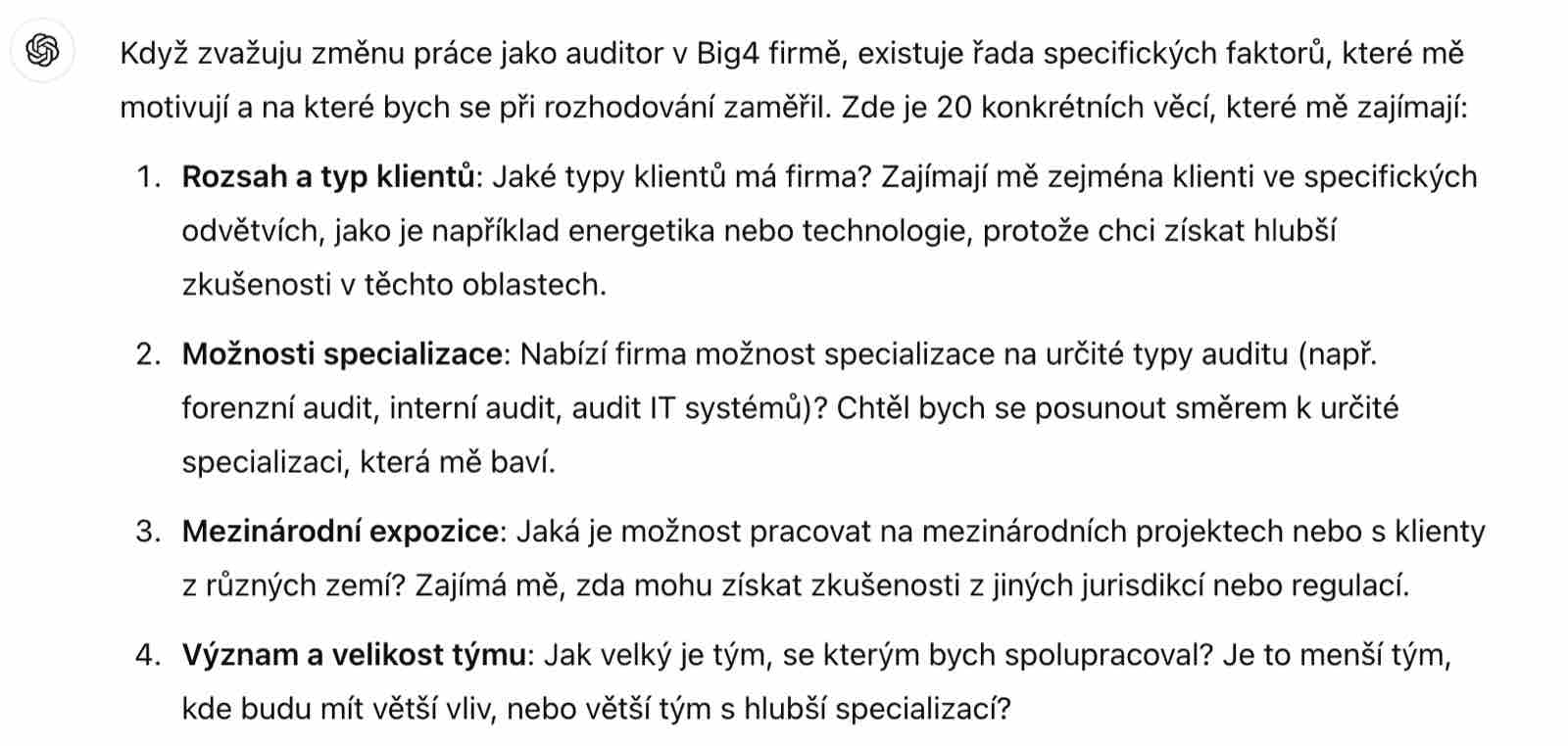Co motivuje kandidátku na pozici auditorky – výstup AI