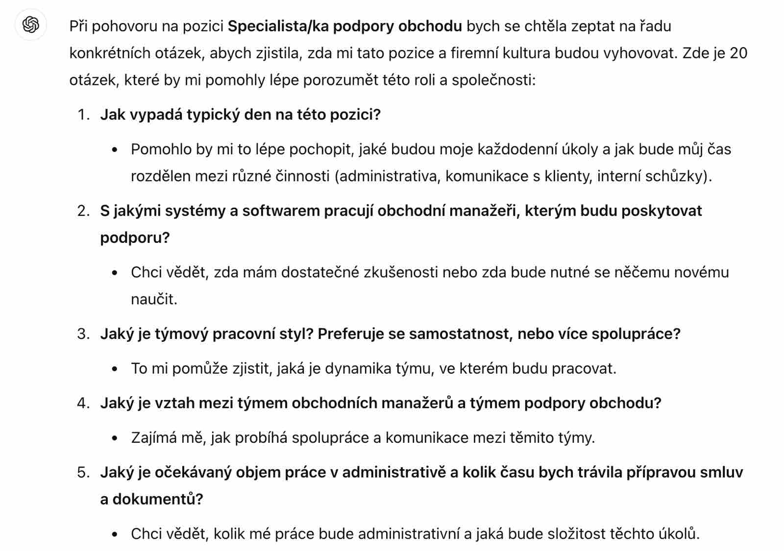 Co by zajímalo kandidáty – výstup ChatGPT